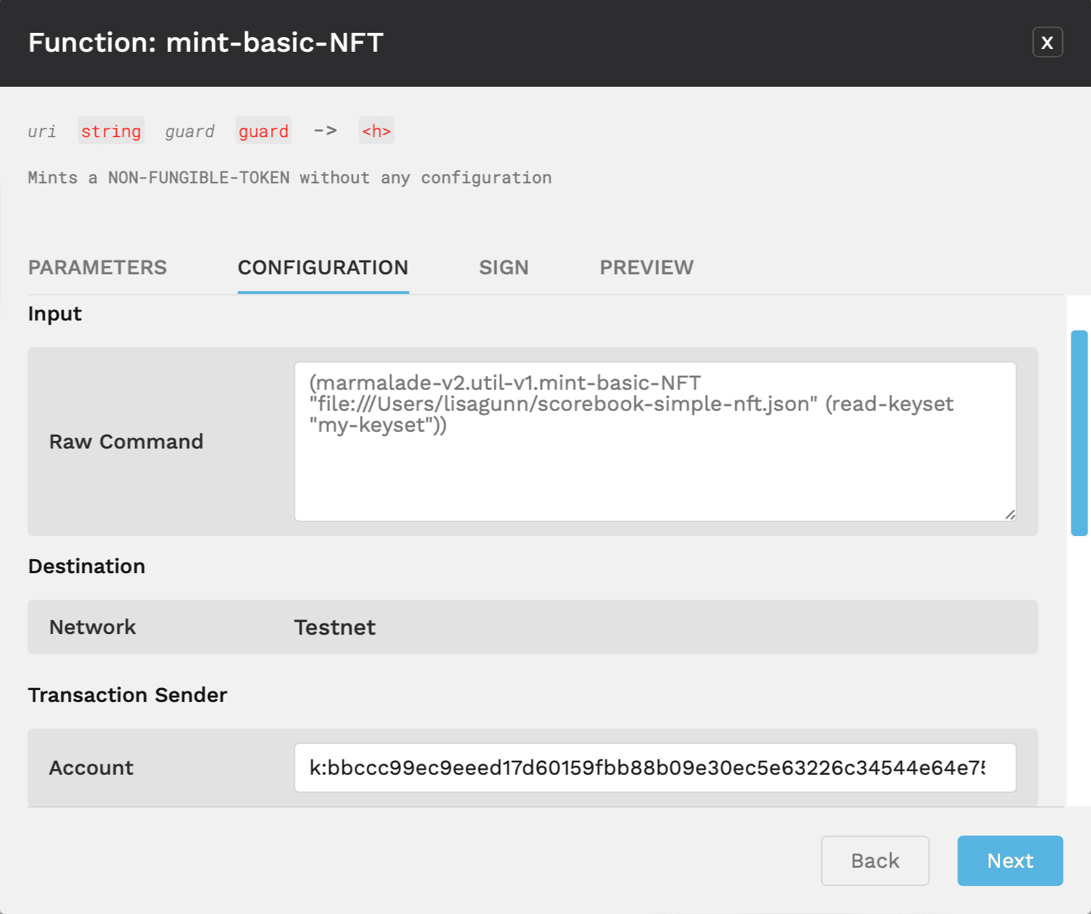 Verify the destination network and select the Transaction Sender